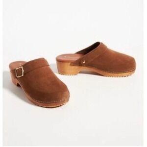 Anthropologie Mules Womens Size 37 Chestnut Suede Leather Block Heel Wood Clogs